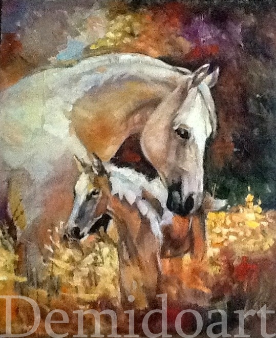 18x24 oil on canvas board horse with baby